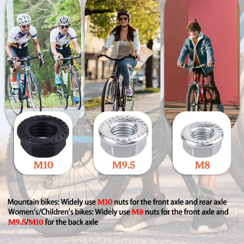 Must Have Mountain Bike Axle Nut And Safety Washer Kit With M8 M9.5 M10 Nuts And Washers For Front And Rear Wheels, cyclists using kit