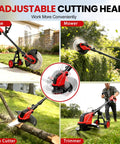 Cordless 12 Inch Weed Wacker With Wheels 21V 2x3000mAh Battery 800W Brushless Motor 4 Blade Types 20000 RPM Grass Trimmer For Garden Yard Long Battery Life And Quick Swap Blades Lightweight Yet Mighty. Adjustable cutting head for edging, mowing, brush cutting, and trimming