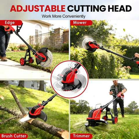 Cordless 12 Inch Weed Wacker With Wheels 21V 2x3000mAh Battery 800W Brushless Motor 4 Blade Types 20000 RPM Grass Trimmer For Garden Yard Long Battery Life And Quick Swap Blades Lightweight Yet Mighty. Adjustable cutting head for edging, mowing, brush cutting, and trimming