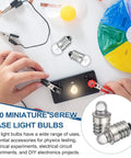 Four Pack E10 Miniature Screw Base Light Bulbs 3V 0.3A Dope White Glow Solid Glass And Metal Construction Tight Fit Replacement Lamps For Gadgets And Hobby Projects Ready To Roll in use with wires and clamps.