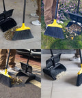 Indoor Outdoor Heavy Duty Broom And Dustpan Set With Upright Plastic Dust Pan And Two Brooms, 13.5 Inch Wide Dustpan With Lid in use.