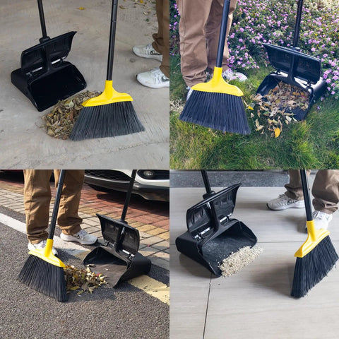 Indoor Outdoor Heavy Duty Broom And Dustpan Set With Upright Plastic Dust Pan And Two Brooms, 13.5 Inch Wide Dustpan With Lid in use.