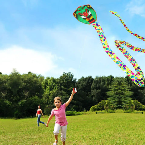 Child flying Long Snake Kite For Adults And Families Large Outdoor Beach Sport Kite With Gold Foil Detailing in park