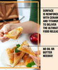 Gotham Steel Nonstick Panini Press And Sandwich Maker Grill With Indicator Light Makes Two Pocket Sandwiches. Hand holding crispy sandwich.