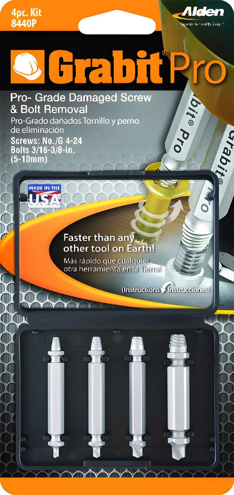 8440P Pro Grabit Broken Bolt And Damaged Screw Extractor 4 Piece Kit shown in packaging with product details