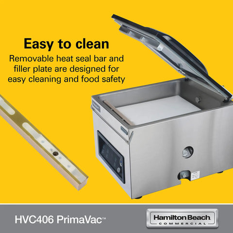 Built Tough Commercial Chamber Vacuum Sealer Cranks Out Double Bags At Lightning Speed With 16 Inch Seal Bar And Ten Custom Programs Plus Nsf Certified JetAire Pump For Serious Food Storage, showing removable heat seal bar and filler plate.