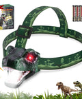 Kids Dinosaur Themed LED Headlamp With T Rex Design, Glowing Eyes And Roaring Sound Effects, Perfect For Camping, Backyard Explorations, Costume Parties Or Pretend Play, Durable Headband, Batteries Included.