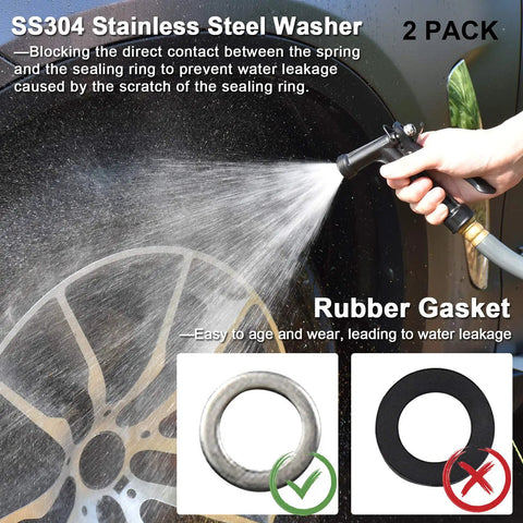 2 Pack Full Size Pistol Grip Hose Nozzles With Adjustable Spray used for car washing, showing high pressure water flow on wheel