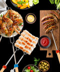 32 Inch Telescoping Marshmallow Roasting Sticks Set For Campfire Open Fire Pit S'mores Skewers Perfect For Roasting Marshmallows, Hot Dogs, And Sausages, 5 Pack With Bright Color Tips For Easy Grilling And Campout Vibes All Night displayed with food.