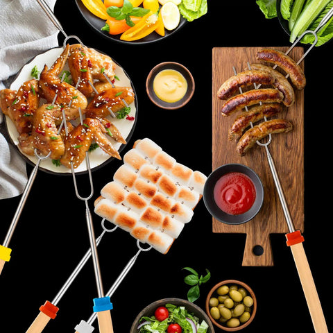 32 Inch Telescoping Marshmallow Roasting Sticks Set For Campfire Open Fire Pit S'mores Skewers Perfect For Roasting Marshmallows, Hot Dogs, And Sausages, 5 Pack With Bright Color Tips For Easy Grilling And Campout Vibes All Night displayed with food.