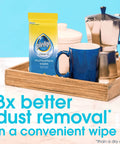 Multi Surface Furniture Polish Wipes Clean And Protect Wood Granite And Leather With Fresh Citrus Scent pH Balanced Formula Pack Of 6 150 Total Wipes packet on a wooden tray with a mug and coffee maker.