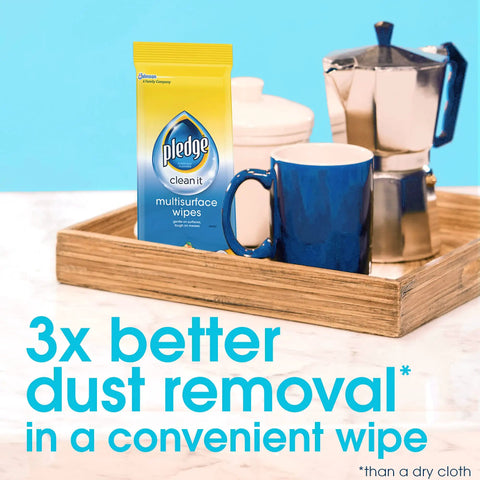 Multi Surface Furniture Polish Wipes Clean And Protect Wood Granite And Leather With Fresh Citrus Scent pH Balanced Formula Pack Of 6 150 Total Wipes packet on a wooden tray with a mug and coffee maker.