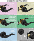 Six types of door levers including Privacy, Passage, Keyed Entry, Dummy, and Deadbolt with matte black finish for various door functions.