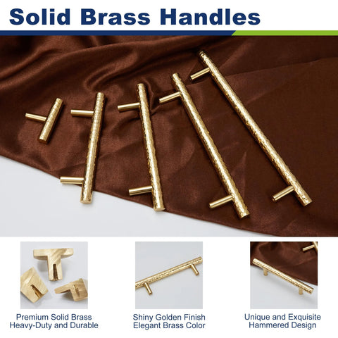 Solid Brass Kitchen Cabinet Pulls Set of 6 in Polished Gold with Hammered T-Bar Handles displayed on fabric