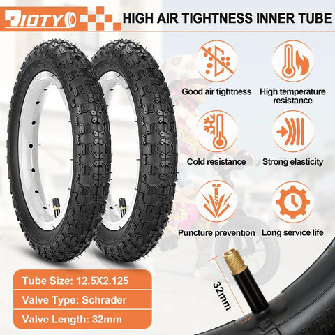 Two Pack Kids Bike Tire Set, 12 And 12.5 Inch Folding Replacement Tires, tubes, and levers with puncture prevention features