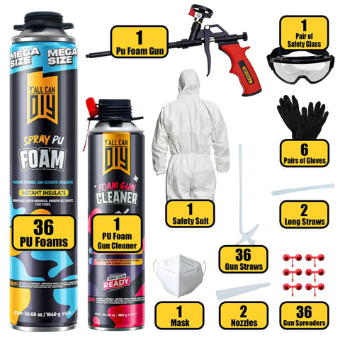 36 Cans Spray Foam Insulation Kit For Walls And Attic With Gun, Cleaner, Safety Gear, 720 Board Feet Coverage, Kit Components