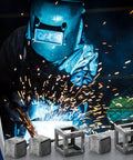 Welder using 48 Piece Welding Practice Kit With 11 Gauge Steel Coupons 2x2 And 3x3 In For Beginner Welders, metal cuboids visible