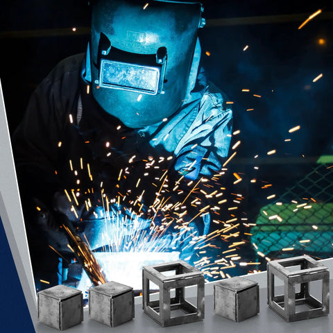 Welder using 48 Piece Welding Practice Kit With 11 Gauge Steel Coupons 2x2 And 3x3 In For Beginner Welders, metal cuboids visible