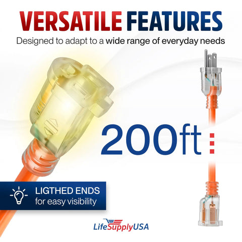 Heavy Duty 200ft Outdoor Indoor Extension Cord 16 Gauge 3 Wire SJTW Waterproof with lighted ends for easy visibility.