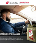 Man driving with ATF Type HK Automatic Transmission Fluid For Hyundai And Kia SP III Spec 5 Quart Bottle on dashboard