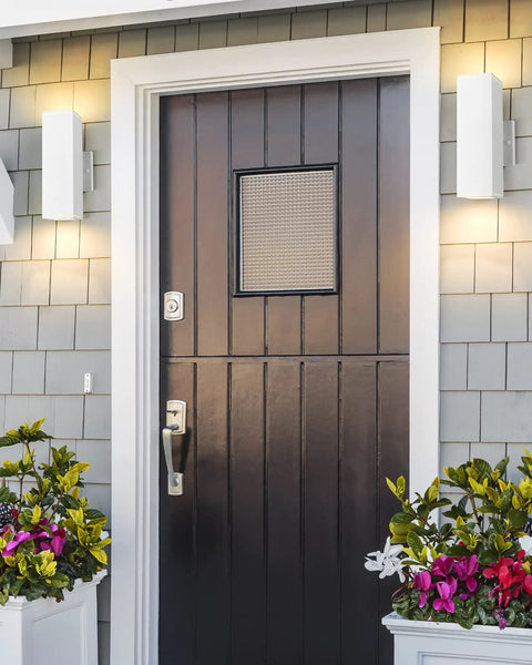 Modern front door with two Square Outdoor Wall Light Fixture For Porch And Front Door Modern Exterior Sconce Lighting No Sensor Waterproof Up And Down Exterior Light For Garage White Sanded Finish 2 Pack.