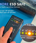 ESD rubber bench mat with grounding tester and wrist strap kit on blue work surface; textured surface