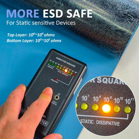 ESD rubber bench mat with grounding tester and wrist strap kit on blue work surface; textured surface