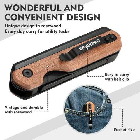 WORKPRO 2-in-1 folding utility knife with rosewood handle and belt clip; pocket-size with extra SK5 blades
