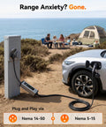Premium Top Tier Portable Level 1 And Level 2 EV Charger 40 Amp For J1772 Electric Vehicles With NEMA 1450 Plug Smart 2 In 1 Wallbox Mount For Fast No Sweat Charging outdoor setup with charging car.
