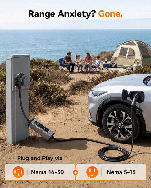 Premium Top Tier Portable Level 1 And Level 2 EV Charger 40 Amp For J1772 Electric Vehicles With NEMA 1450 Plug Smart 2 In 1 Wallbox Mount For Fast No Sweat Charging outdoor setup with charging car.