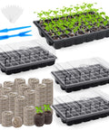 Three Pack No Brainer Seed Starter Tray Kit With 120 Cells Humidity Dome And Base Includes 120 Peat Pellets 100 Plant Labels Two Garden Tools Plastic Plant Growing Trays For Easy Seed Germination And Home Garden Planting Black featuring seedlings, humidity domes, and peat pellets