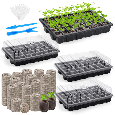 Three Pack No Brainer Seed Starter Tray Kit With 120 Cells Humidity Dome And Base Includes 120 Peat Pellets 100 Plant Labels Two Garden Tools Plastic Plant Growing Trays For Easy Seed Germination And Home Garden Planting Black featuring seedlings, humidity domes, and peat pellets