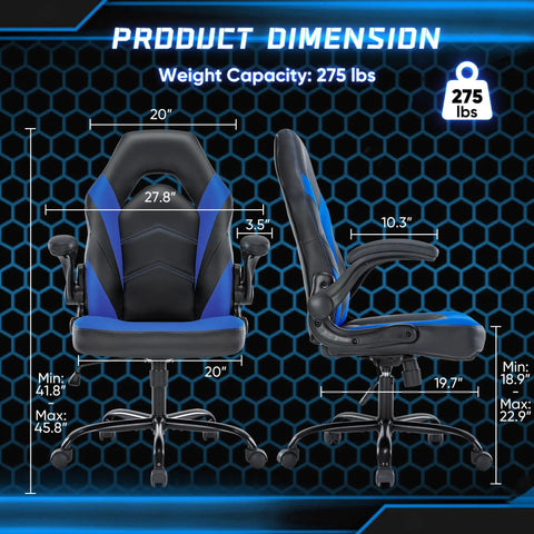 PU Leather Ergonomic Gaming Chair With Lumbar Support Flip Up Armrests 360 Degree Swivel Wheels Height Adjustable dimensions view