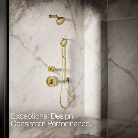 Purist Four Function Handshower With Handheld Sprayhead Three Modes Full Coverage mounted in shower, brass finish