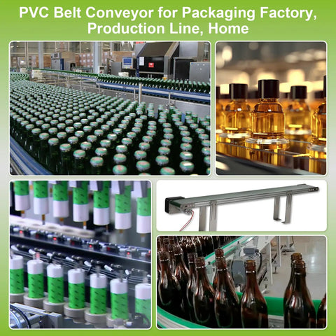 39 Inch Adjustable Speed Belt Conveyor For Desktop Use, PVC Belt With Built In Sensors, showing packaging line usage.