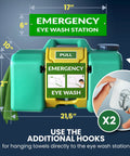 8 Gallon Portable Eye Wash Station With Wall Mount OSHA Compliant Emergency Eyewash System With Mirror And Dual Spray Nozzles For Quick Rinse Must Have Safety Gear For Labs Shops And Worksites, wall-mounted view with additional hooks.