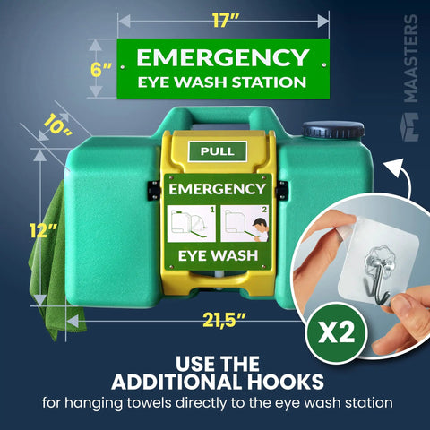 8 Gallon Portable Eye Wash Station With Wall Mount OSHA Compliant Emergency Eyewash System With Mirror And Dual Spray Nozzles For Quick Rinse Must Have Safety Gear For Labs Shops And Worksites, wall-mounted view with additional hooks.
