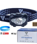 Ultra Bright LED Headlamp For Camping With Waterproof Adjustable Forehead Light, Six Modes, batteries and box shown