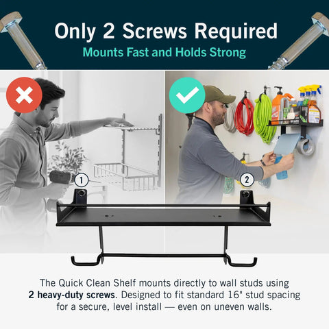 Heavy Duty Wall Mount Paper Towel Holder With Shelf For Garage, Workshop, or Utility Room installed on wall with tools.