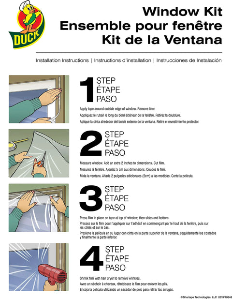 Instructions for Indoor Window Shrink Film Insulation Kit For Ten Windows, 62-Inch By 420-Inch film installation process.