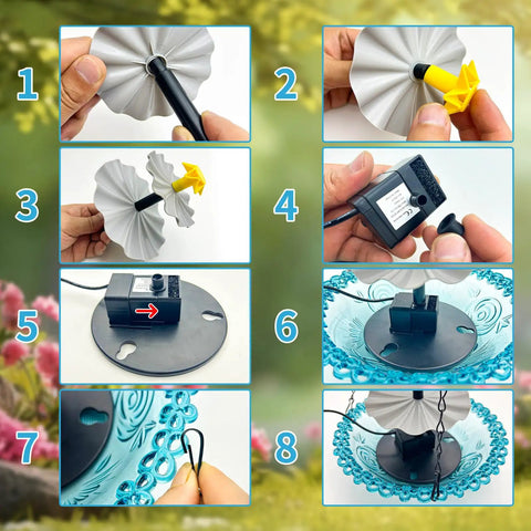Installation steps for Powered Cascade Bird Bath Fountain Hanging Water Feature For Outdoors Garden Patio Backyard Blue Eco Friendly Decor No Batteries Needed Easy Setup Outdoor