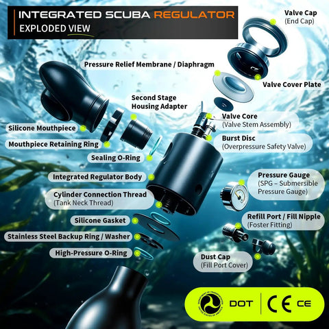 Exploded view of 0.5L Mini Scuba Tank Portable Backup Air for Snorkeling and Training, highlighting regulator components.