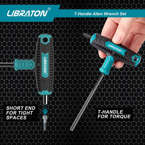 Dual End T Handle Allen Wrench Set With Chamfered Tips For Deep And Shallow Screws SAE One Eighth To Three Eighths Inch