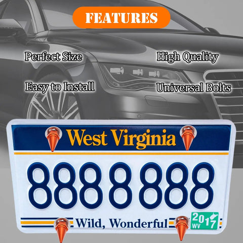 Spike License Plate Screw Fasteners Kit For Cars, Trucks And Bikes, decorative orange spike bolts on West Virginia plate