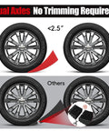 Comparison of RV Camper Leveling Kit for Dual Axle Rigs with Curved Levelers shown under tires, emphasizing no trimming needed.
