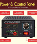 Front view of Beefy 7 Amp Benchtop Power Supply For Home Lab showing dual USB ports, 13.8V DC output, and power button.