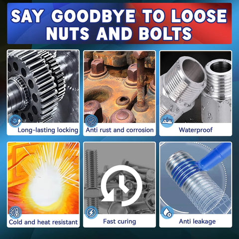 Image showcasing blue and red high-strength thread locker benefits: long-lasting locking, anti-rust, waterproof, and fast curing.