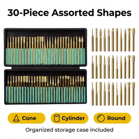 30 Piece Diamond Rotary Tool Bits Set Pro Grade For Engraving And Carving 120 Grit Burrs One Eighth Inch Shank Dremel Compatible