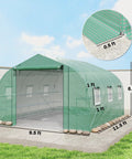 Walk In Tunnel Greenhouse With Shelves And Mesh Door For Easy Plant Care Great For Weekend Green Thumbs Outdoor Greenhouse With Two Tier Racks Windows PE Cover Perfect For Patio Garden, shown with dimensions and PE cover details.