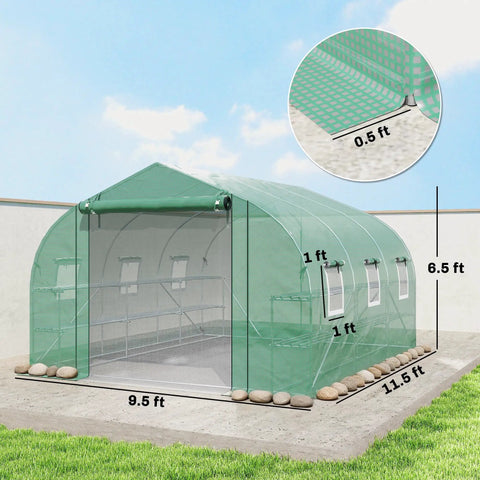 Walk In Tunnel Greenhouse With Shelves And Mesh Door For Easy Plant Care Great For Weekend Green Thumbs Outdoor Greenhouse With Two Tier Racks Windows PE Cover Perfect For Patio Garden, shown with dimensions and PE cover details.